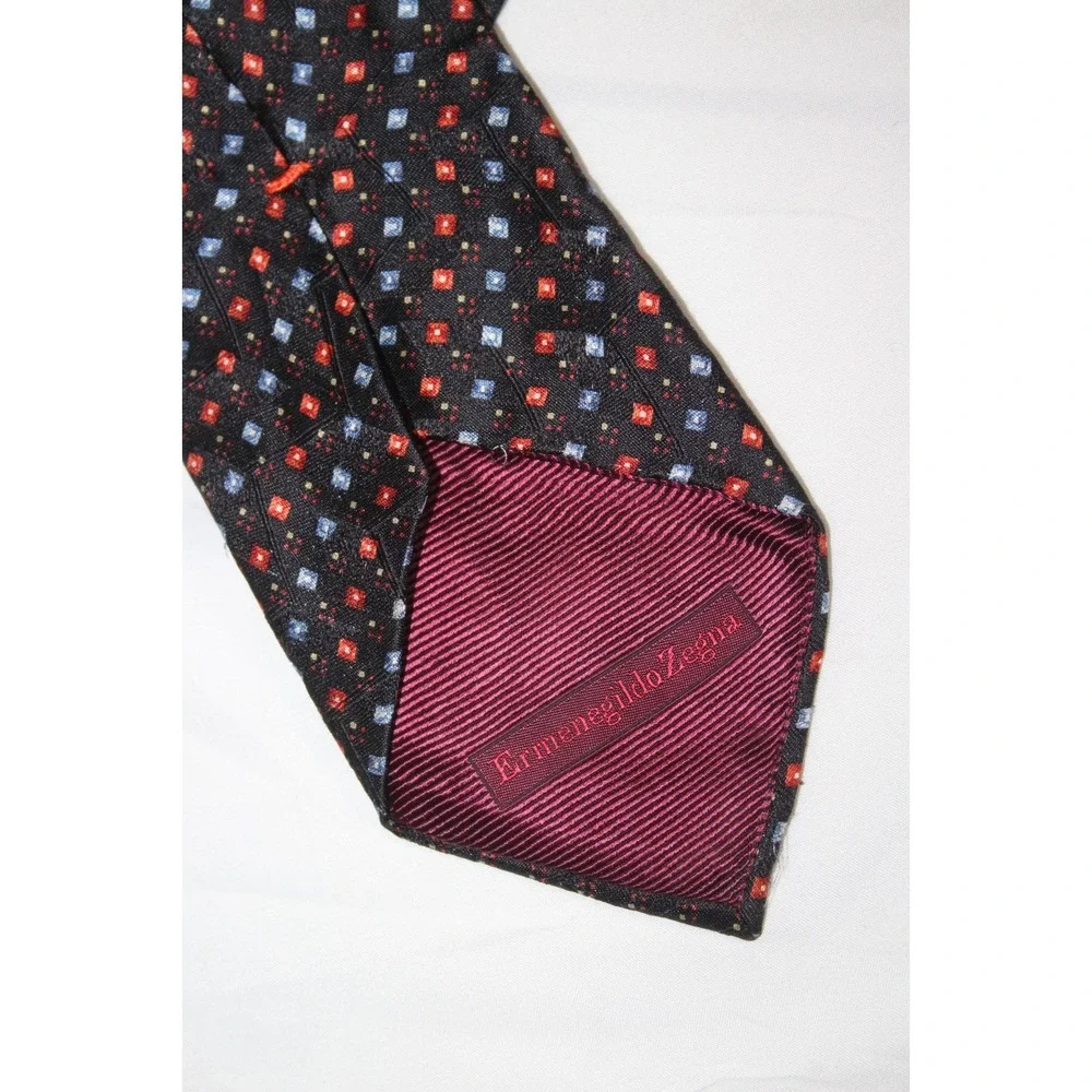 ERMENEGILDO ZEGNA Silk Tie Black Blue Red Geometric Italy 58 x 3.75